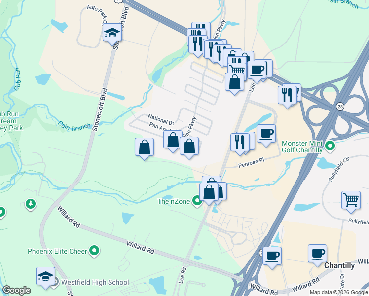 map of restaurants, bars, coffee shops, grocery stores, and more near 14547 Trans World Avenue in Chantilly