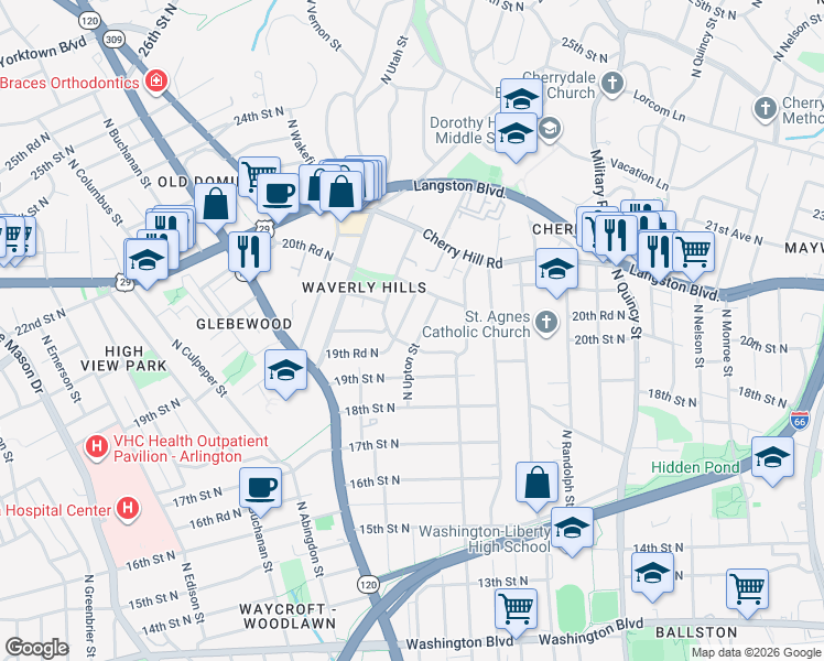 map of restaurants, bars, coffee shops, grocery stores, and more near 1940 North Upton Street in Arlington