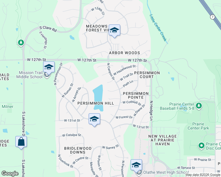 map of restaurants, bars, coffee shops, grocery stores, and more near 2334 Piatt Lane in Olathe