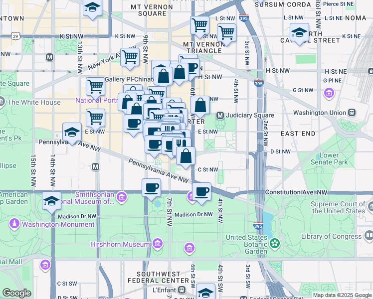 map of restaurants, bars, coffee shops, grocery stores, and more near 601 D Street Northwest in Washington