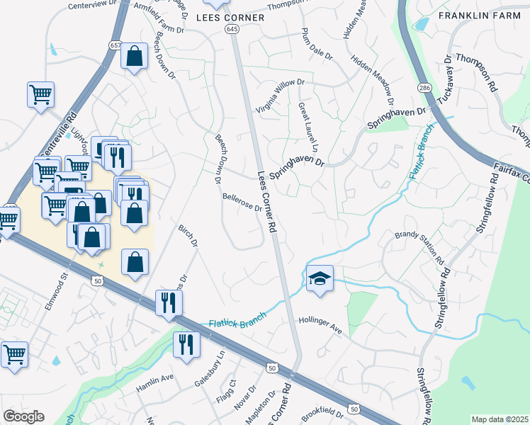 map of restaurants, bars, coffee shops, grocery stores, and more near 13629 Bellerose Drive in Chantilly