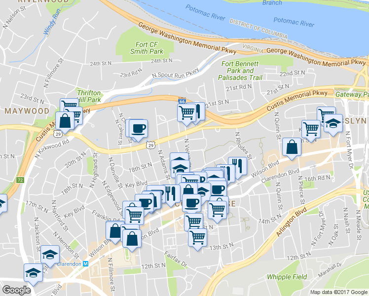 map of restaurants, bars, coffee shops, grocery stores, and more near 1804 North Veitch Street in Arlington