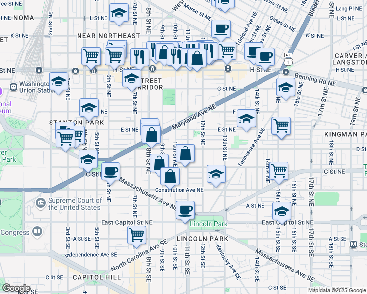 map of restaurants, bars, coffee shops, grocery stores, and more near 1018 D Street Northeast in Washington