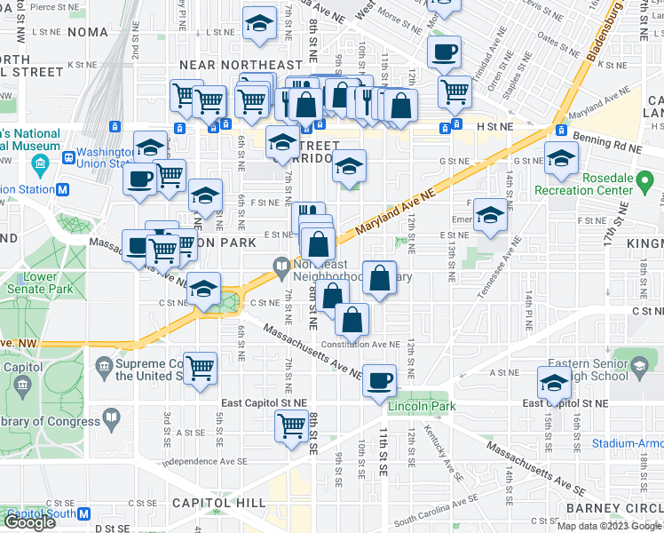 map of restaurants, bars, coffee shops, grocery stores, and more near 822 D Street Northeast in Washington