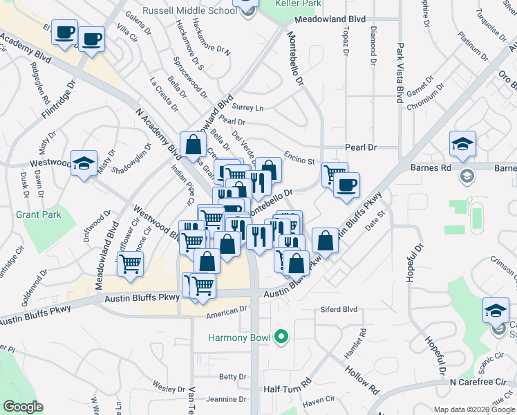 map of restaurants, bars, coffee shops, grocery stores, and more near 4356 Montebello Dr in Colorado Springs