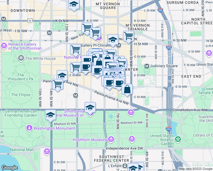 map of restaurants, bars, coffee shops, grocery stores, and more near 819 D Street NW in Washington