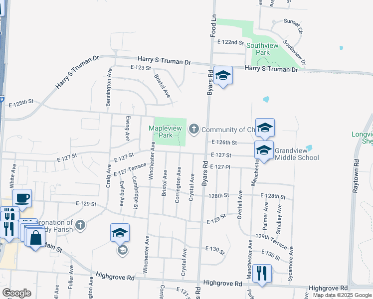 map of restaurants, bars, coffee shops, grocery stores, and more near 7106 127th Street in Grandview