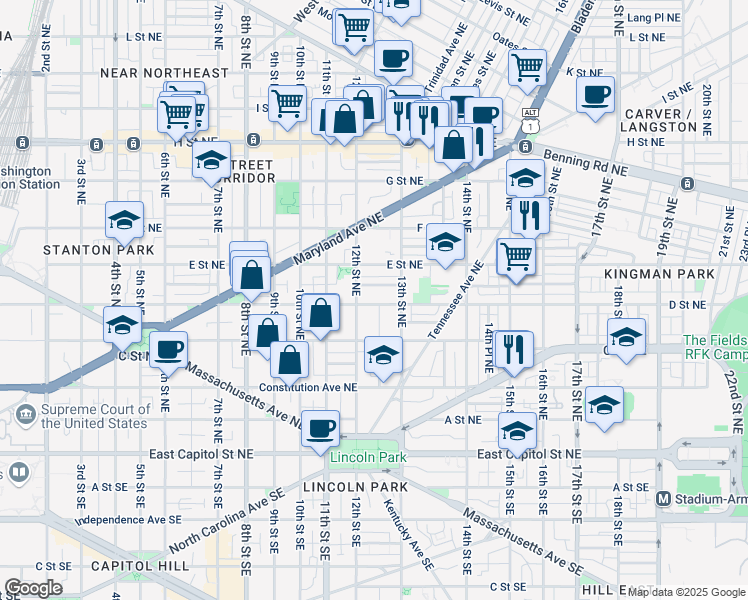 map of restaurants, bars, coffee shops, grocery stores, and more near 1216 D Street Northeast in Washington