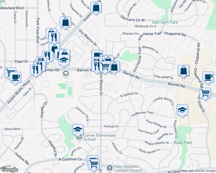 map of restaurants, bars, coffee shops, grocery stores, and more near 4340 Sammers View in Colorado Springs