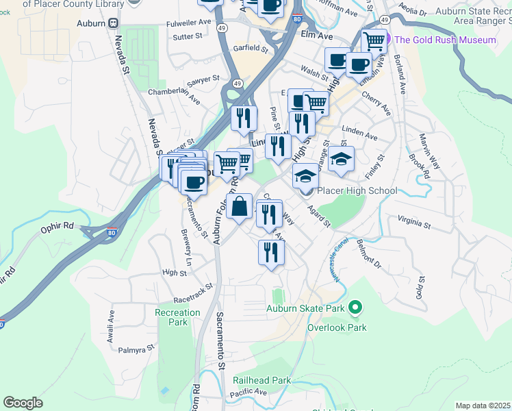 map of restaurants, bars, coffee shops, grocery stores, and more near 1223 High Street in Auburn