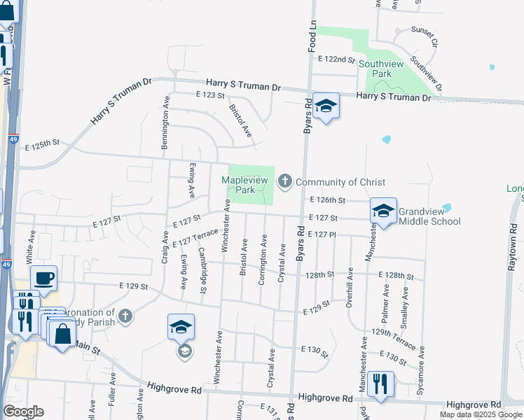 map of restaurants, bars, coffee shops, grocery stores, and more near 7106 127th Street in Grandview