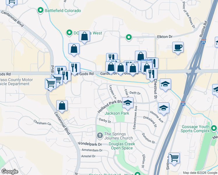 map of restaurants, bars, coffee shops, grocery stores, and more near 4314 Leyden Lane in Colorado Springs