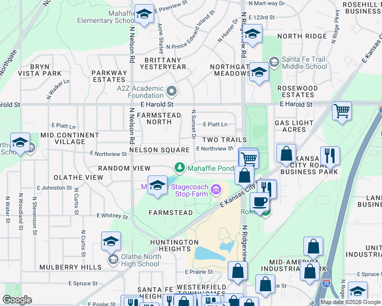 map of restaurants, bars, coffee shops, grocery stores, and more near 921 North Sunset Drive in Olathe