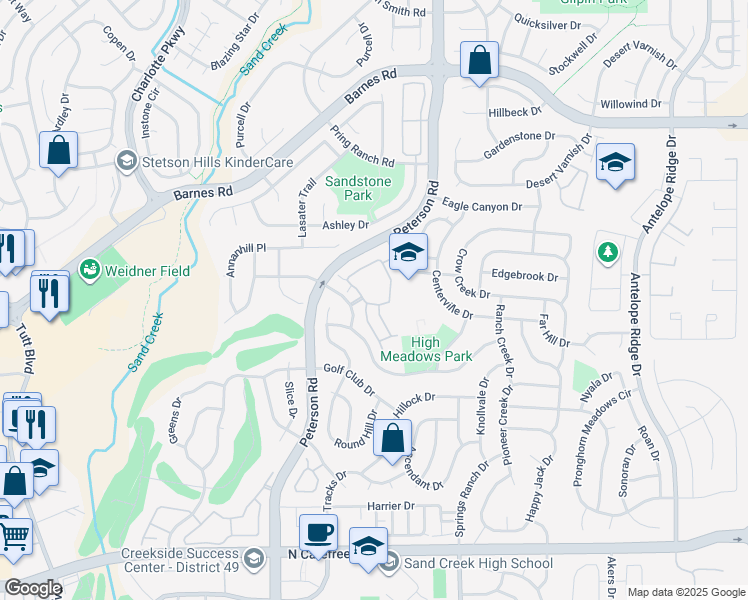 map of restaurants, bars, coffee shops, grocery stores, and more near 6924 Ash Creek Heights in Colorado Springs