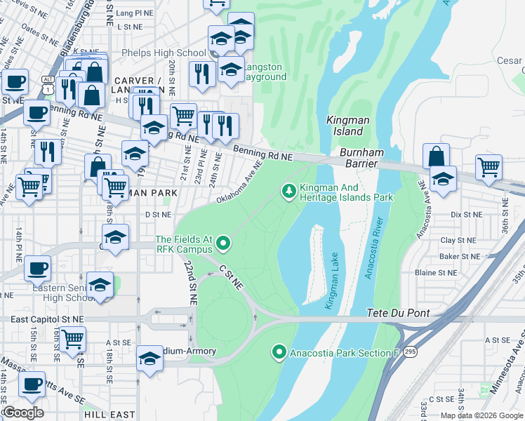 map of restaurants, bars, coffee shops, grocery stores, and more near 101 Independence Avenue Southeast in Washington