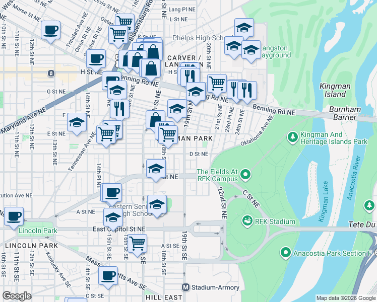 map of restaurants, bars, coffee shops, grocery stores, and more near 101 Independence Avenue Southeast in Washington