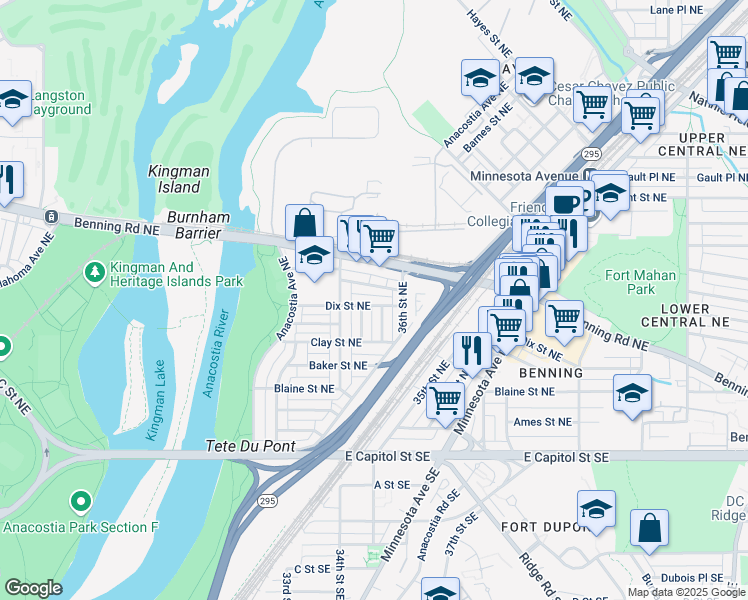map of restaurants, bars, coffee shops, grocery stores, and more near 3444 Dix Street Northeast in Washington