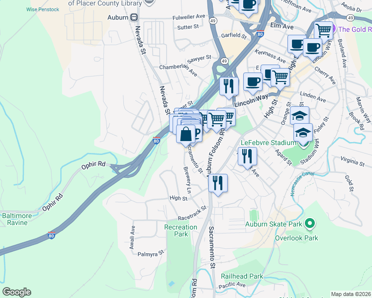 map of restaurants, bars, coffee shops, grocery stores, and more near 190 Sacramento Street in Auburn