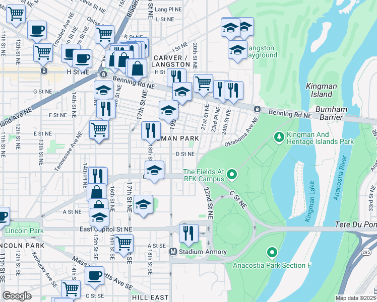 map of restaurants, bars, coffee shops, grocery stores, and more near 2008 D Street Northeast in Washington
