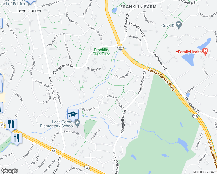 map of restaurants, bars, coffee shops, grocery stores, and more near 3733 Mazewood Lane in Fairfax