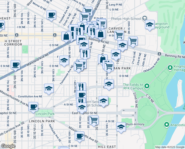 map of restaurants, bars, coffee shops, grocery stores, and more near 1618 D Street Northeast in Washington