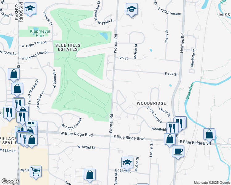map of restaurants, bars, coffee shops, grocery stores, and more near 12 Woodbridge Lane in Kansas City