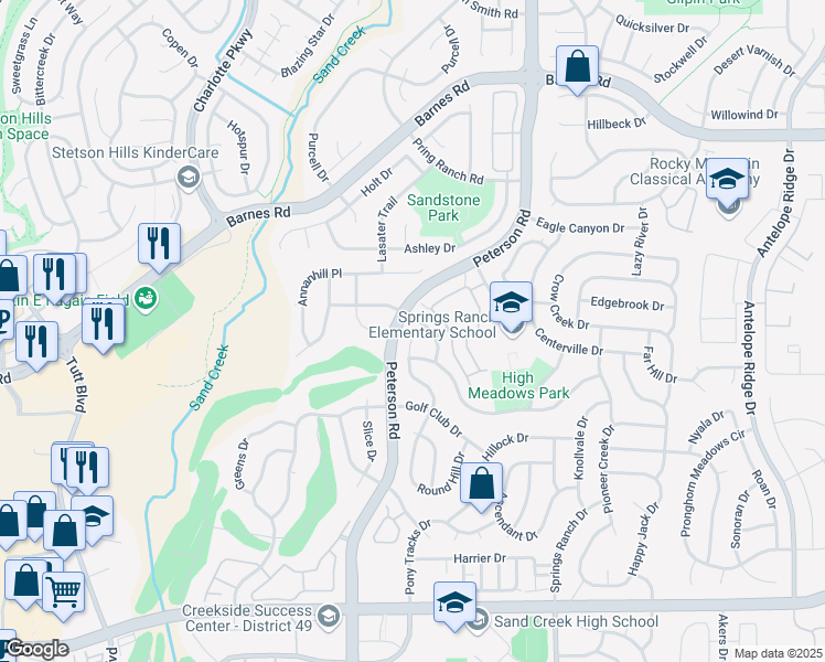 map of restaurants, bars, coffee shops, grocery stores, and more near 4420 Round Hill Drive in Colorado Springs