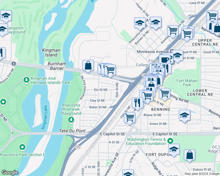 map of restaurants, bars, coffee shops, grocery stores, and more near 3450 Dix Street Northeast in Washington