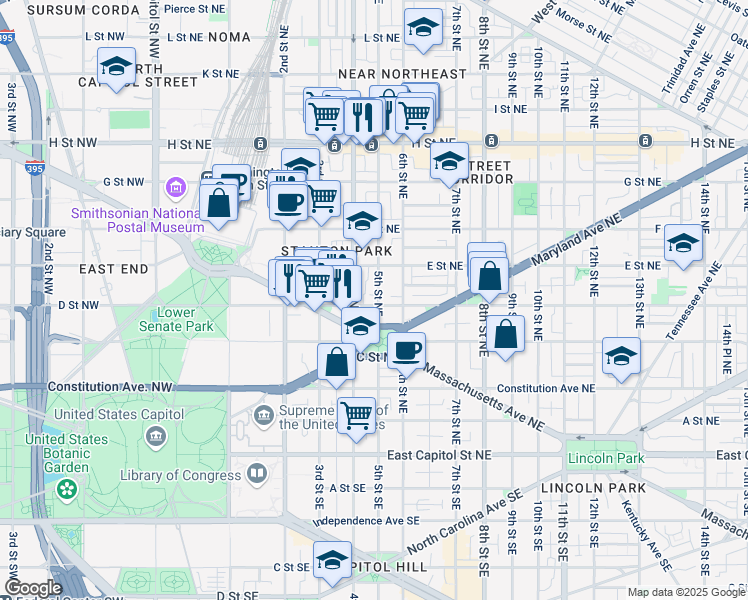 map of restaurants, bars, coffee shops, grocery stores, and more near 400 5th Street Northeast in Washington