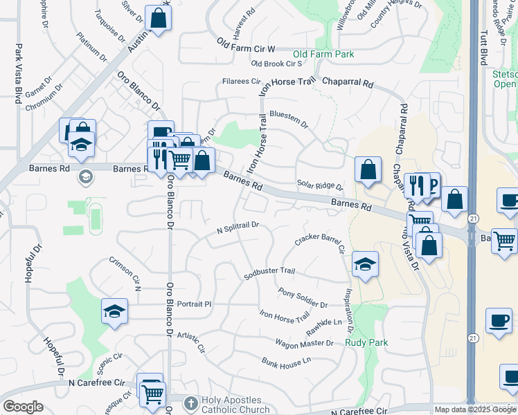 map of restaurants, bars, coffee shops, grocery stores, and more near 5041 Rainbow Harbour Circle in Colorado Springs