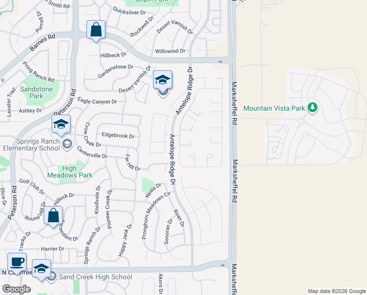 map of restaurants, bars, coffee shops, grocery stores, and more near 7679 Grizzly Bear Point in Colorado Springs