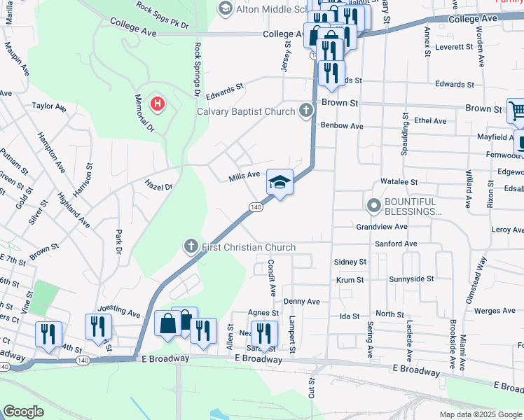 map of restaurants, bars, coffee shops, grocery stores, and more near 933 Washington Avenue in Alton