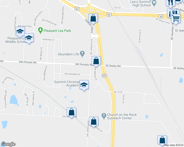 map of restaurants, bars, coffee shops, grocery stores, and more near 1320 Southwest Market Street in Lee's Summit