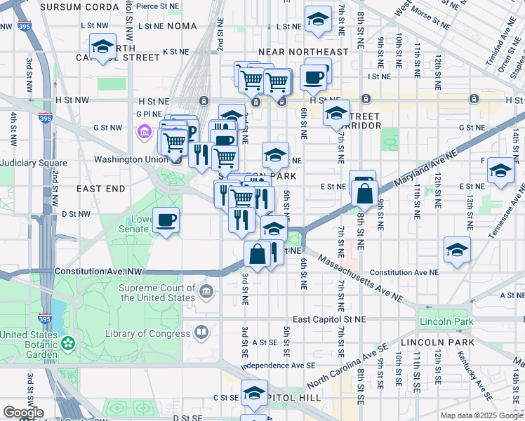 map of restaurants, bars, coffee shops, grocery stores, and more near 326 D Street Northeast in Washington
