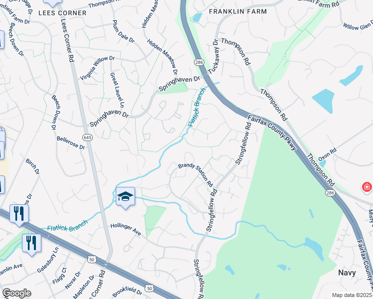 map of restaurants, bars, coffee shops, grocery stores, and more near 3733 Mazewood Lane in Fairfax