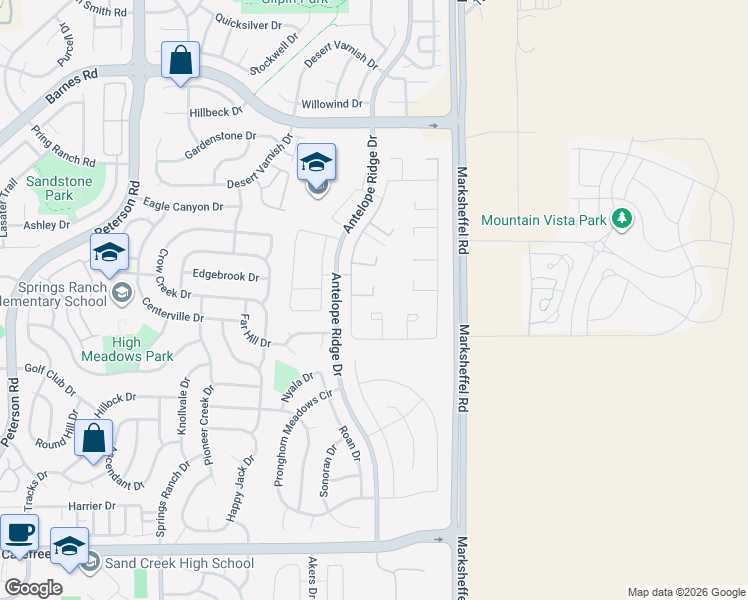 map of restaurants, bars, coffee shops, grocery stores, and more near 7679 Grizzly Bear Point in Colorado Springs