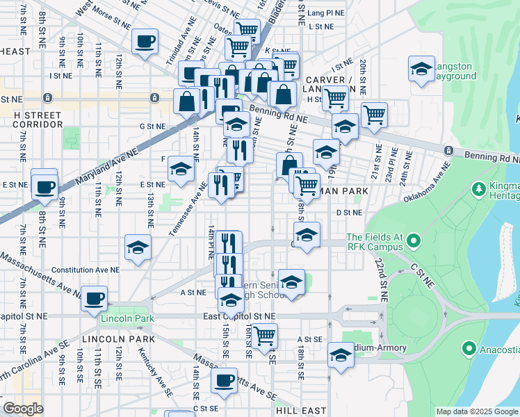 map of restaurants, bars, coffee shops, grocery stores, and more near 1616 D Street Northeast in Washington