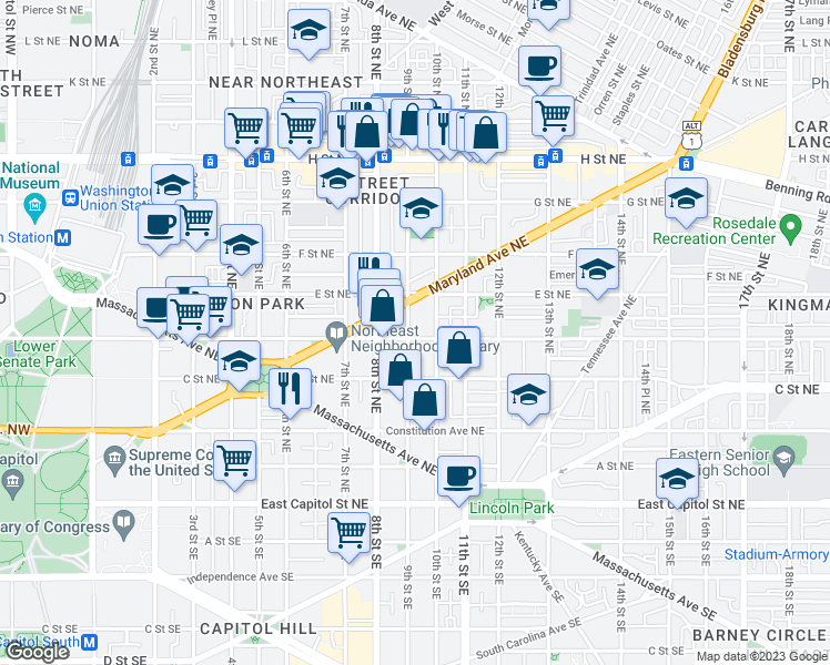 map of restaurants, bars, coffee shops, grocery stores, and more near 405 9th Street Northeast in Washington