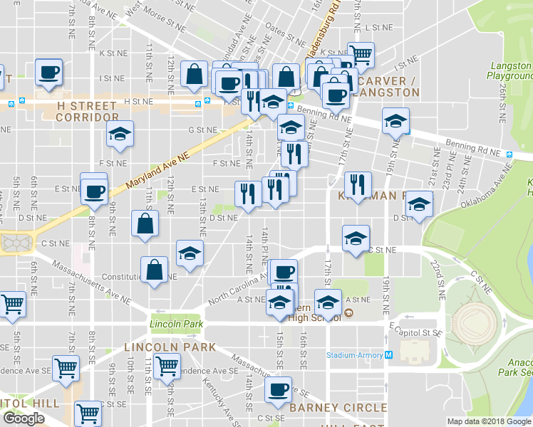 map of restaurants, bars, coffee shops, grocery stores, and more near 1430 D Street Northeast in Washington