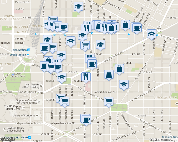 map of restaurants, bars, coffee shops, grocery stores, and more near Maryland Ave in Washington