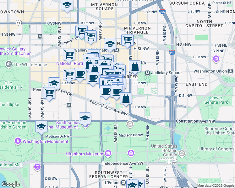 map of restaurants, bars, coffee shops, grocery stores, and more near 101 Independence Avenue Southeast in Washington