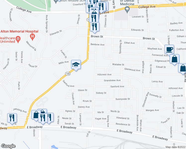 map of restaurants, bars, coffee shops, grocery stores, and more near 1000 Main Street in Alton