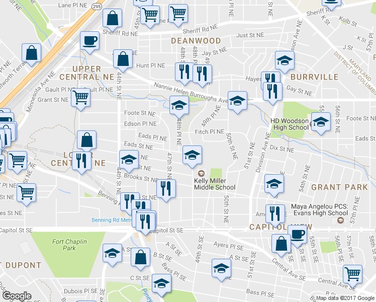 map of restaurants, bars, coffee shops, grocery stores, and more near 4816 Eads Street Northeast in Washington