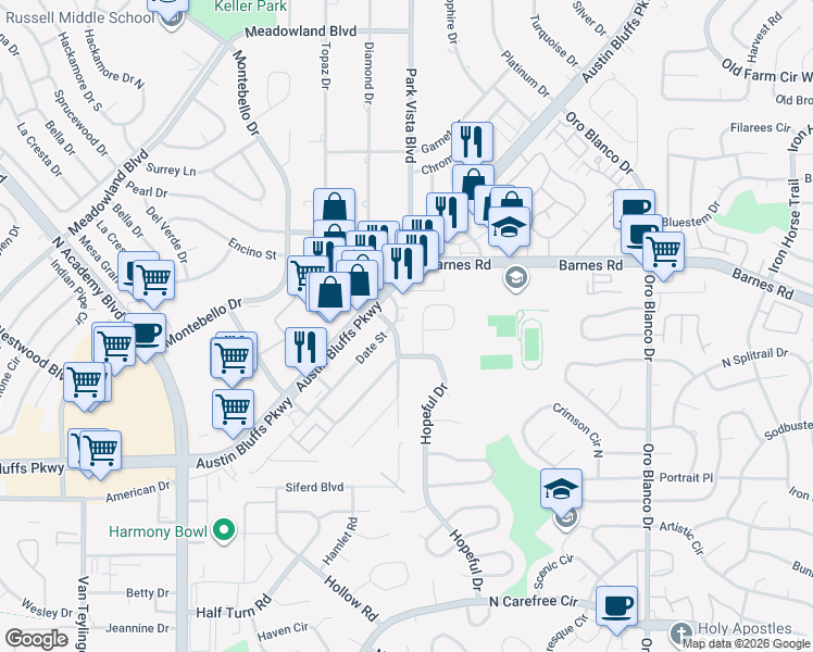 map of restaurants, bars, coffee shops, grocery stores, and more near 4421 Siferd Boulevard in Colorado Springs