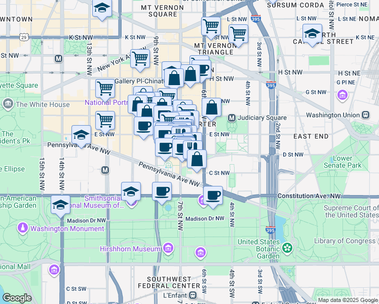 map of restaurants, bars, coffee shops, grocery stores, and more near 631 D Street NW in Washington
