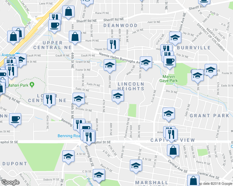 map of restaurants, bars, coffee shops, grocery stores, and more near 4824 Eads Street Northeast in Washington