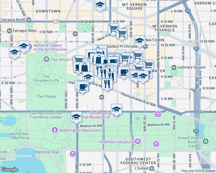 map of restaurants, bars, coffee shops, grocery stores, and more near 1101 Pennsylvania Avenue Northwest in Washington