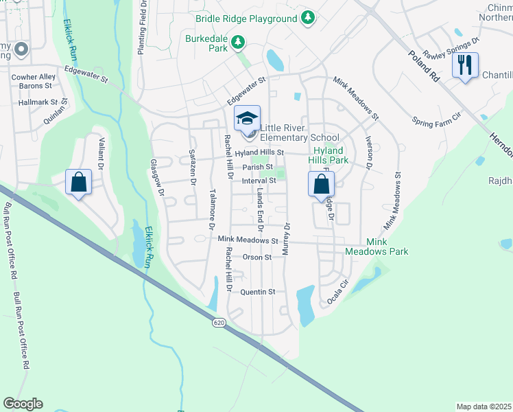 map of restaurants, bars, coffee shops, grocery stores, and more near 26115 Lands End Drive in Chantilly