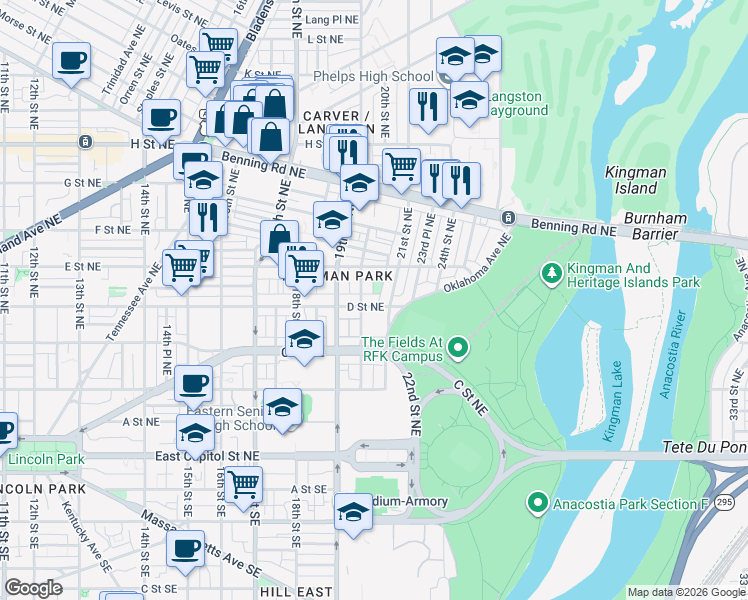 map of restaurants, bars, coffee shops, grocery stores, and more near 101 Independence Avenue Southeast in Washington