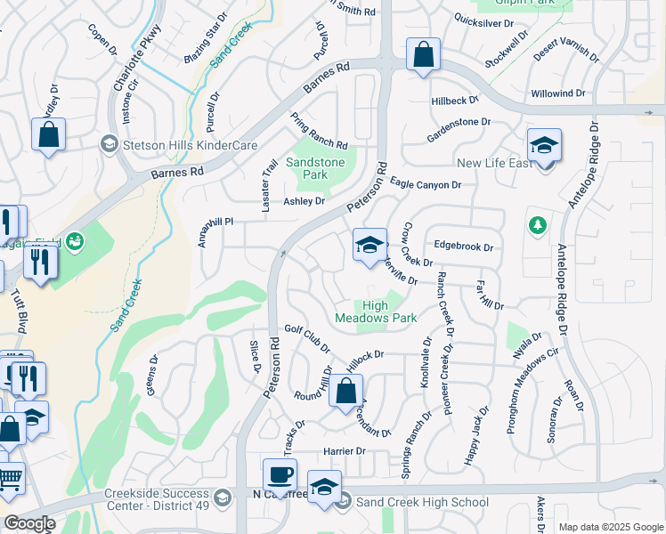 map of restaurants, bars, coffee shops, grocery stores, and more near 7144 Ash Creek Heights in Colorado Springs